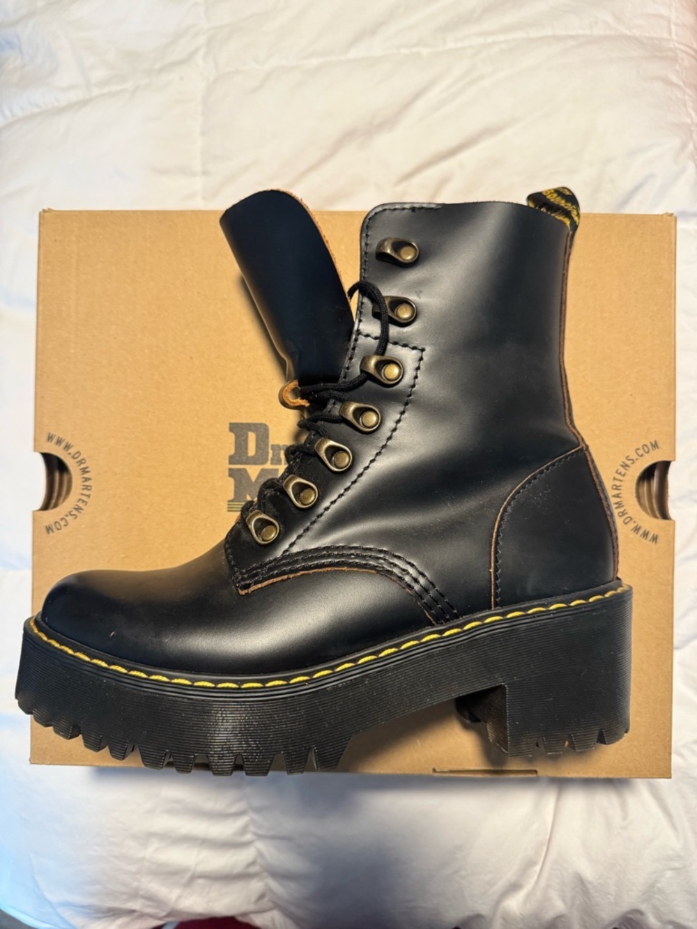 Dr. Martens LEONA Black Leather Platform Lace-Up Ankle Boots